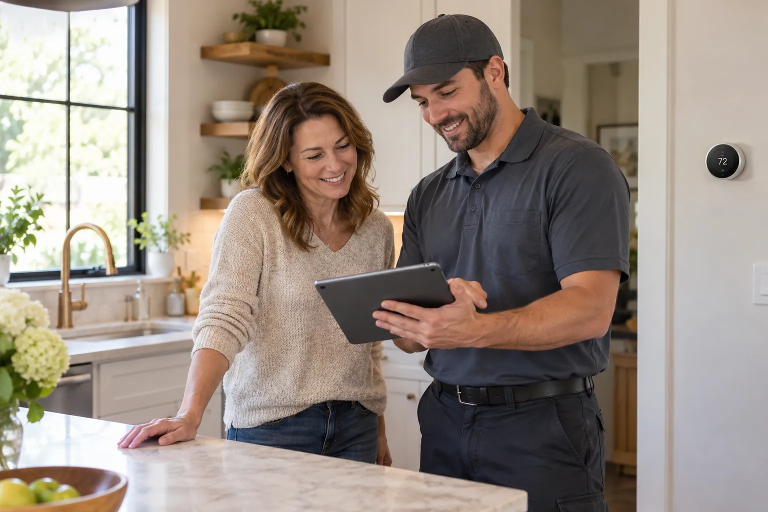 Homeowner reviewing heating and cooling options with a provider in the Gaithersburg area